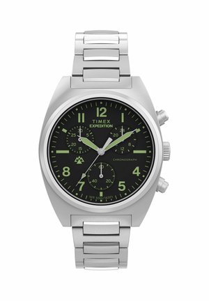 Timex Expeditioni hõbedane metallist käekell musta sihverplaadiga, roheliste luminofoorliste osutitega, kronograafi alamsihvrite ja roostevabast terasest linkriba.