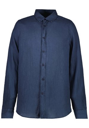 Marineblauwe langetermijnshirt van linnen met een knoopsluiting aan de voorkant, een kraag en een ontspannen pasvorm met een gladde textuur.