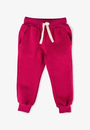 Helles pinkfarbenes Kinder-Sweathose mit elastischen Bündchen, Seitentaschen und weißem Kordelzug am Bund auf weißem Hintergrund.