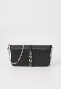 Black faux leather clutch bag with a textured finish, silver chain strap, and a prominent "VALENTINO" logo detail on the front.