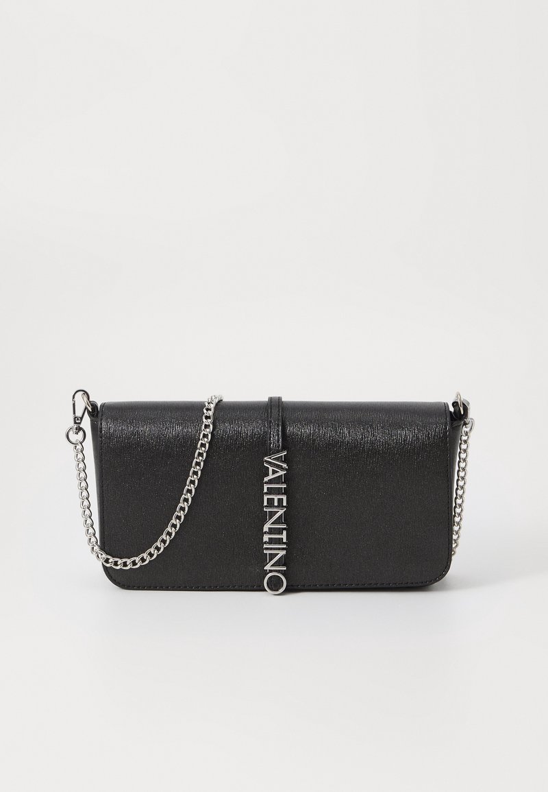 Black faux leather clutch bag with a textured finish, silver chain strap, and a prominent "VALENTINO" logo detail on the front.