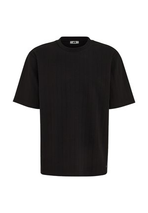 Črna kratkotrajna rebrasta majica z okrolim ovratnikom in sproščenim krojem, prikazana na belem ozadju.