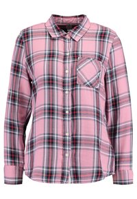 Rosa rutigt skjorta med långa ärmar, knäppa framtill och bröstficka. Har marinblå och vita rutor; mjuk tygtextur.