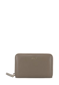 Leren ritsportemonnee in taupe, met een getextureerd oppervlak, gouden logo en subtiele stiksels langs de randen. Rits met logo-accent.