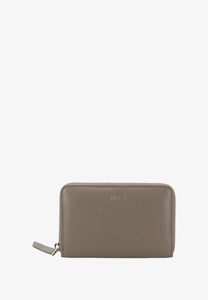 Leather zip wallet in taupe, featuring a textured surface, gold logo, and subtle stitching along the edges. Zipper pull with logo accent.