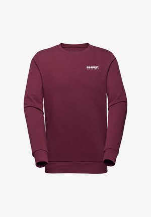 Bordeauxfarbener Rundhalsausschnitt-Pullover aus dehnbarem Material mit langenÄrmeln. Merkmale des weißen "Mammut seit 1862" Logos auf der Brust.