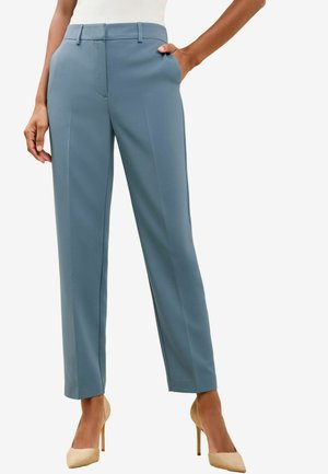 Tailored blue trousers made of smooth fabric with flat front, side pockets, and a straight-leg design. Neat crease down the front.