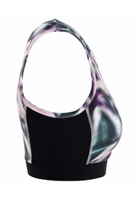 Reggiseno sportivo con pannelli laterali in rete nera e un motivo astratto viola, bianco e verde sulla parte anteriore e posteriore, con design a schiena scoperta.