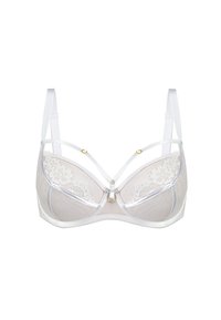 Biały stanik z koronkowymi detalami, wykonany z siateczkowego materiału, z regulowanymi ramiączkami. Udekorowany złotymi elementami na środku i przy połączeniach ramiączek.