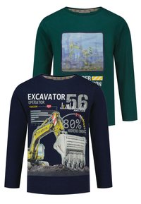 Zwei Langarmshirts: eines grün mit einem Grafik eines Bagger, das andere navy mit Text und einer gelben Bagger-Illustration. Baumwollstoff.