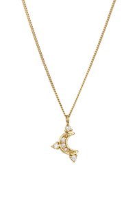 Goldene Halskette mit einem Anhänger in Form eines Halbmonds, der mit sechs klaren Steinen und drei tropfenförmigen Akzenten verziert ist, an einer zarten Kette.