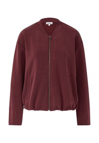 Bordeaux-rotes Bomber-Jackett mit Reißverschluss, langen Ärmeln, zwei Vorderentaschen, elastischem Saum und runder Kragen.
