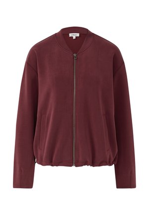 Maroon zip-up bomber jacket with long sleeves, two front pockets, elastic hem, and a round collar.