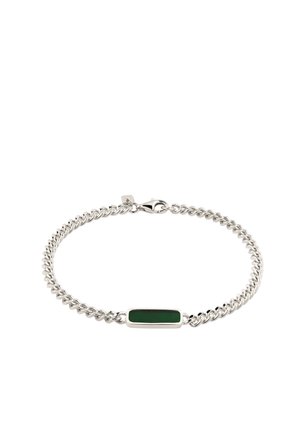 Silver chain bracelet with a rectangular dark green enamel charm and a lobster clasp closure on a white background.