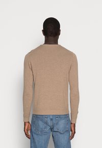 Beige long-sleeve sweater with a ribbed hem and cuffs, made from knit fabric. Worn with blue denim jeans, viewed from the back.