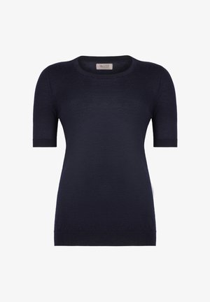 Granatowy sweter z krótkim rękawem, wykonany z dzianiny, z okrągłym dekoltem i ściągaczami. Miękka tekstura i dopasowany krój, idealny na co dzień.