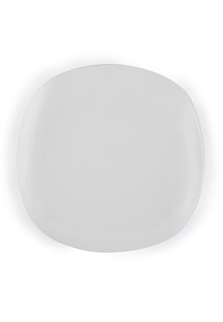 Weißes Keramikservierbrett mit abgerundeten Kanten und einer glatten, glänzenden Oberfläche. Rechteckige Form mit einer flachen Fläche für die Lebensmittelpräsentation.