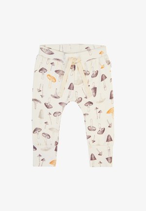 Bawełniane spodnie z nadrukiem grzybów w odcieniach brązu i pomarańczu na kremowym tle, z elastycznym pasem i detalem sznurka.