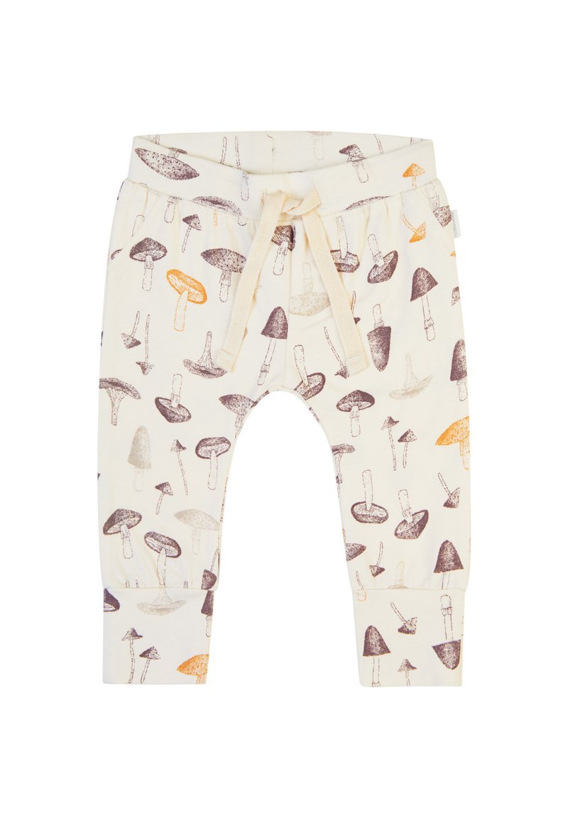 Cotton pants featuring mushroom print in brown and orange on a cream background, with an elastic waistband and drawstring detail.