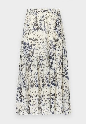 Maxiskjørt i lett stoff med kremhvit base og mønster av marineblå og grå flekker, elastisk midjebånd og plissett design.