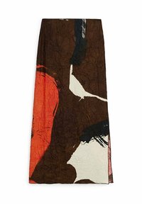Gonna in tessuto sgualcito con motivi astratti in marrone, arancione, bianco e nero. La fessura laterale aggiunge un dettaglio al design.