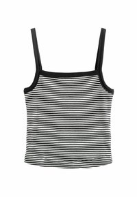 Sort-hvid stribet tanktop med tynde stropper, rund halsudskæring og en tætsiddende, strækbar design.
