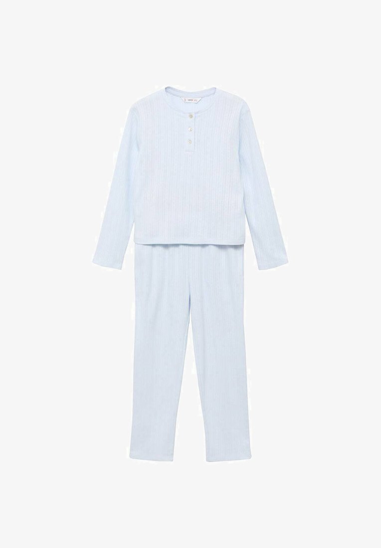 Light blue ribbed loungewear set featuring a long-sleeve top with three buttons and matching pants, made from soft fabric.