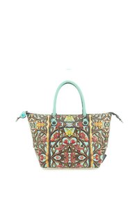 Borsa multicolore con un intricato motivo floreale e geometrico. Presenta manici e dettagli verde menta. Realizzata in materiale sintetico.