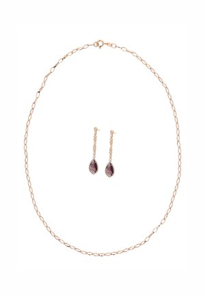 Colier din lanț auriu roz cu cercei lungi asortați, cu pietre teardrop mov și mici pietre accent clare.