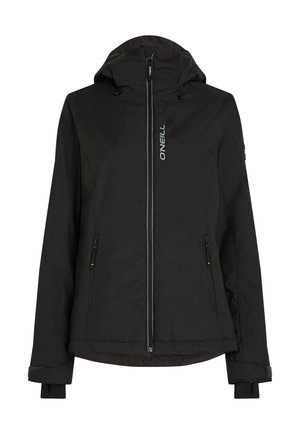 Černá zateplená bunda s kapucí, předním zipem, dvěma bočními kapsami, nastavitelnými manžetami a logem na hrudi. Hladká textura.