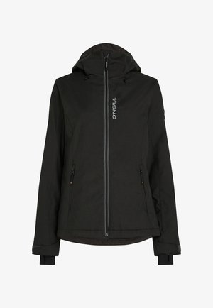 Schwarze Isolierjacke mit Kapuze, ausgestattet mit einem Frontreißverschluss, zwei Seitentaschen, verstellbaren Bündchen und einem Logo auf der Brust. Glatte Textur.