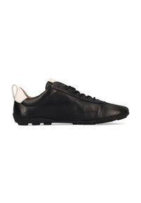 Schwarze Ledersneaker mit schlankem Design, runder Zehenpartie und kontrastierenden weißen Fersenakzenten. Verfügt über eine Schnürung vorne und eine strukturierte Sohle.
