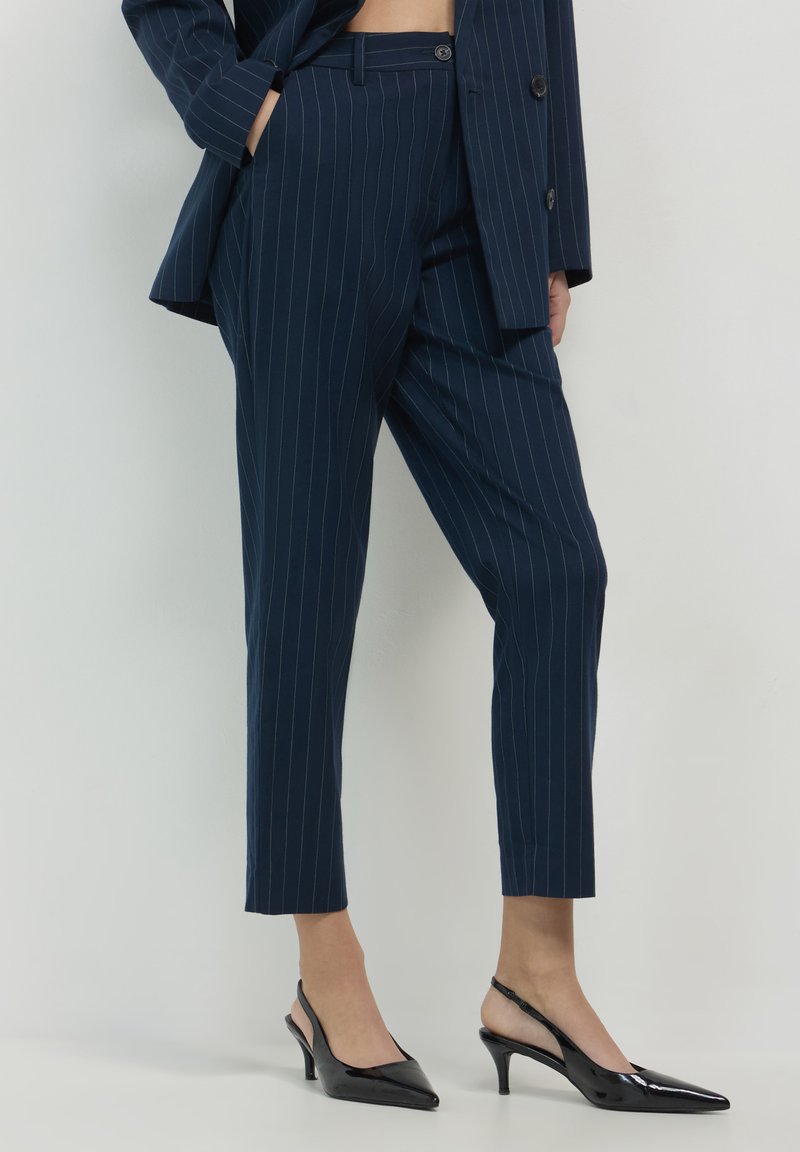 Pantalons rayés navy en tissu lisse, présentant une coupe ajustée avec une taille mi-haute et des jambes fuselées, associés à des escarpins noirs à bride arrière.