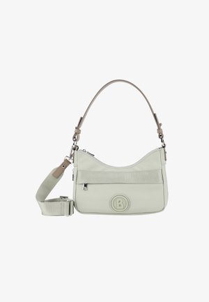 Borsa a mano verde chiaro realizzata in materiale liscio, caratterizzata da una forma arrotondata, dettagli a strisce testurizzate, tracolla regolabile e accentuazione del logo.