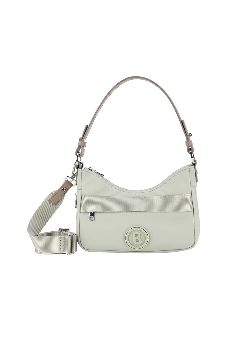 Borsa a mano verde chiaro realizzata in materiale liscio, caratterizzata da una forma arrotondata, dettagli a strisce testurizzate, tracolla regolabile e accentuazione del logo.