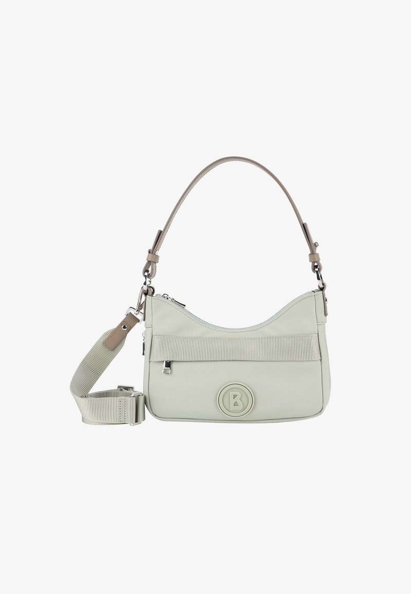 Borsa a mano verde chiaro realizzata in materiale liscio, caratterizzata da una forma arrotondata, dettagli a strisce testurizzate, tracolla regolabile e accentuazione del logo.