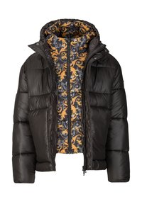Schwarze Pufferjacke mit geprägtem Muster. Gefüttert mit einem orangefarbenen und schwarzen, ornamentalem Design. Verfügt über einen hohen Kragen und einen Reißverschluss vorne.