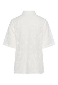 Bela kratka bluza s kratkimi rokavi, okrašena z cvetličnim vezenjem, ima ovratnik in sproščen kroj, izdelana iz lahkotnega materiala s kakovostno mehko teksturo.