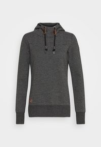 Donkergrijze capuchontrui met wit gestippeld patroon, zwarte trekkoorden met bruine leren accenten, en geribde manchetten en zoom.