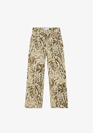 Pantaloni a gamba larga con motivo animalier beige e marrone, bottoni frontali e tasche.