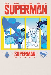 Tričko s potiskem Superman, které obsahuje modrou komiksovou grafiku, žluté akcenty a červený text; zobrazuje Supermana, jak létá, psa a různé výrazy.