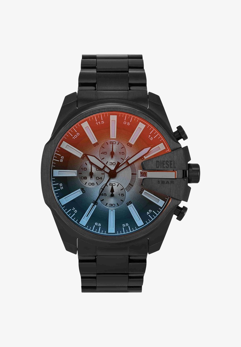 Montre-bracelet Diesel en métal noir avec cadran dégradé bleu et rouge, trois sous-cadrans, index argentés et affichage de la date à 3 heures.