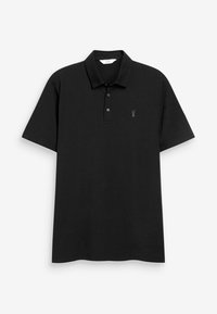 Schwarzes Poloshirt aus Baumwolle mit klassischem Kragen, kurzen Ärmeln und einem kleinen gestickten Design auf der linken Brust.
