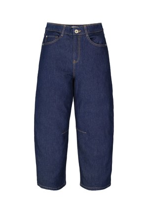 Donkerblauwe denim cropped broek met wijde pijpen, voorzakken, riemlussen, een knoop en een rits.