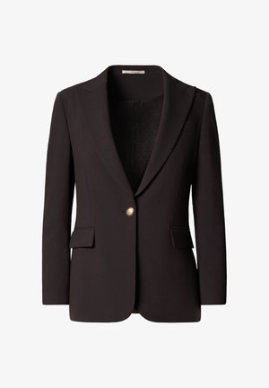 Czarna, dopasowana marynarka z klapami z wycięciami, pojedynczym złotym guzikiem, przednimi kieszeniami i gładką fakturą tkaniny. Wnętrze z delikatnym wzorem.