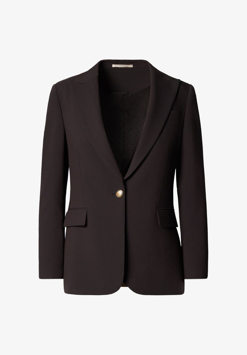 Czarna, dopasowana marynarka z klapami z wycięciami, pojedynczym złotym guzikiem, przednimi kieszeniami i gładką fakturą tkaniny. Wnętrze z delikatnym wzorem.