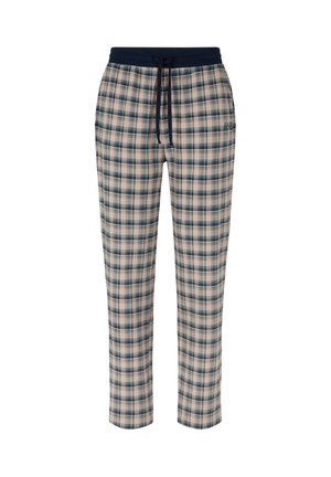 Karierte Pyjamahose in Beige, Blau und Grün. Baumwollstoff mit elastischem Bund und verstellbarem Kordelzug. Gerade Beinführung.