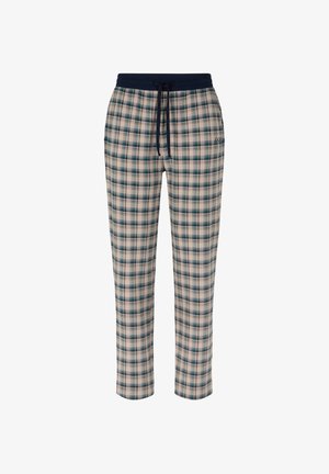 Karierte Pyjamahose in Beige, Blau und Grün. Baumwollstoff mit elastischem Bund und verstellbarem Kordelzug. Gerade Beinführung.