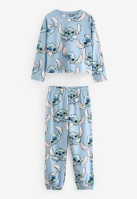 Blå pyjamasset med långärmad topp och byxor med elastisk midja, prydd med flera Stitch-karaktärstryck överallt. Mjuk tyg.