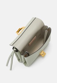 Vaaleanvihreä nahkainen käsilaukku, jossa on kultaiset yksityiskohdat. Laukussa on jämäkkä muotoilu, yläkahva ja avoin sisustus, jossa on taskuja.